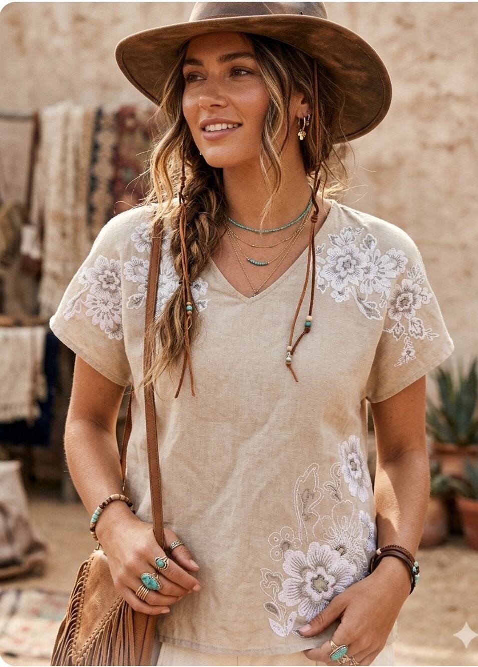 J.Jill Embroidered Linen boho coastal NaturalTan WhiteFlower BlouseLoose cottage